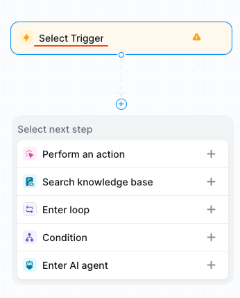 Lindy workflow editor, showing trigger selection, with &quot;Select Trigger&quot; highlighted